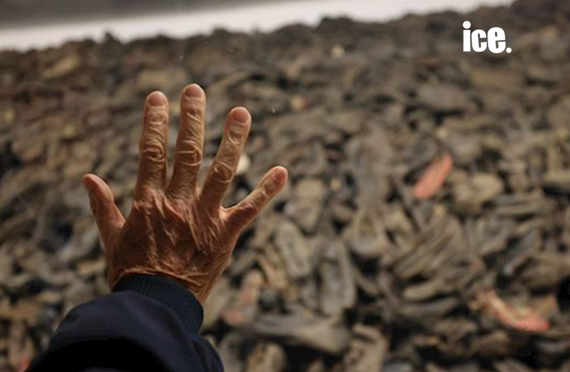 Neishlos, Holocaust survivors hand on glass window in front of childrens shoes from auschwitz